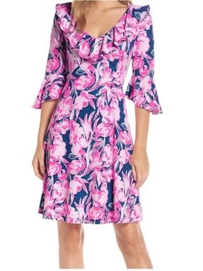 Lilly Pulitzer Stirling Dress in the in Inky Navy Flamingle Size L Blue Pink